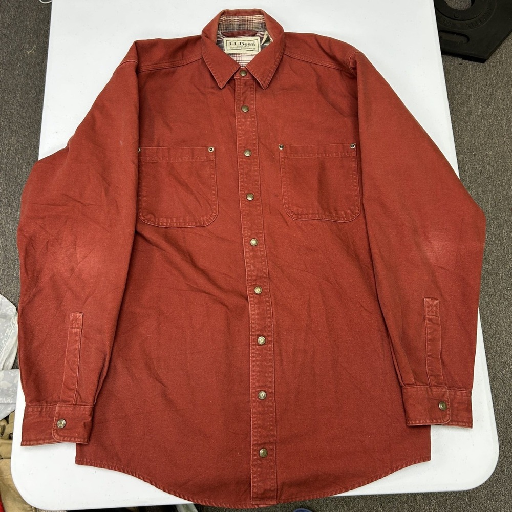 LL Bean Canvas Field Shirt Mens Medium Tall Red Flannel Lined Duck Cloth Jacket